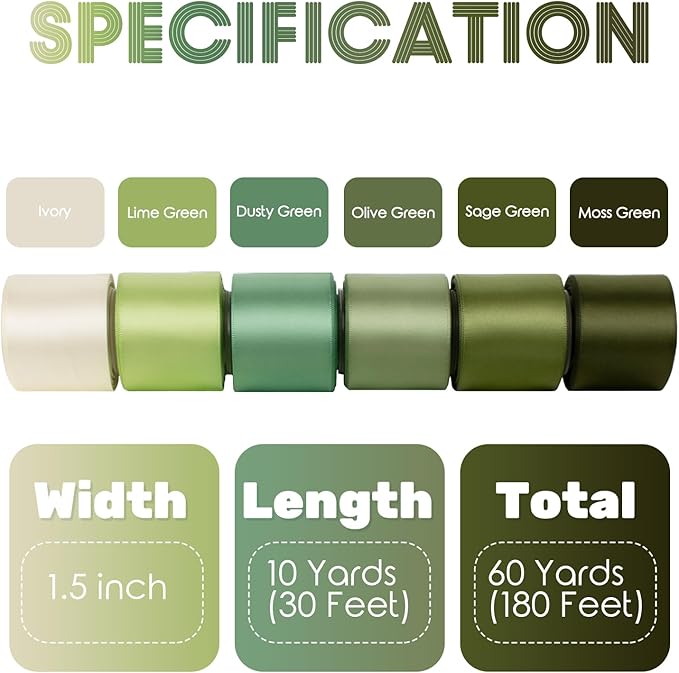Green Ribbon 1-1/2 Inch x 60Yards Assorted Sage, Olive, Moss, Lime, Dusty Green, Ivory, Double Faced Satin Ribbons Set for Wedding, Flower Bouquet, Gift Wrapping, Hair Bow Crafts