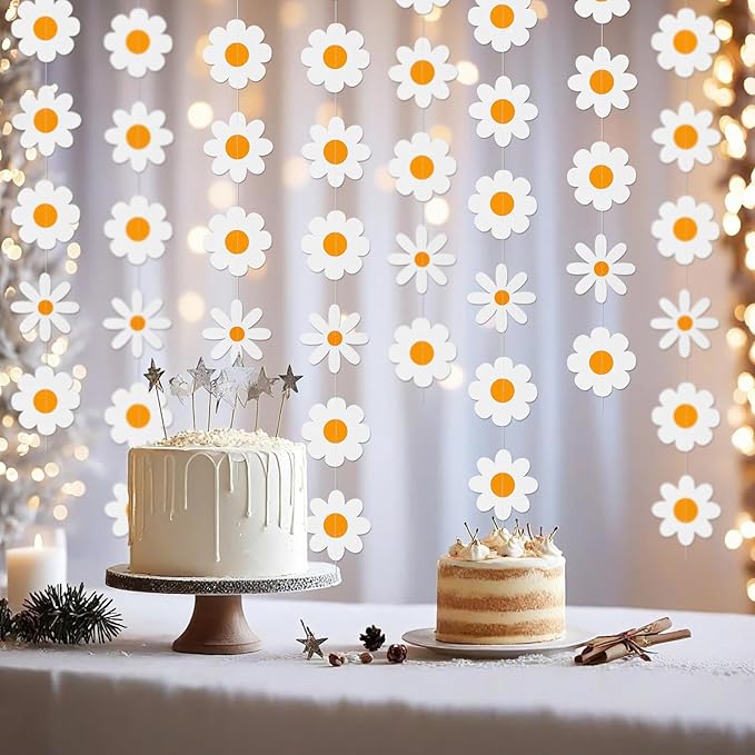 8 Pcs Daisy Boho Party Decorations – Groovy White Flower Paper Garlands, Hanging Banners for Wedding, Birthday, Shower & Retro Hippie Party Supplies