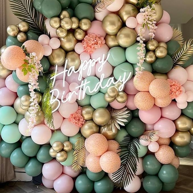 PartyWoo Pink and Green Balloon Arch Kit Garland 142pcs Different Sizes of 18 12 10 5 Inch Metallic Gold Baby Pink Sage Green Sand White Nude Gold Confetti Balloons for Birthday Party Decorations