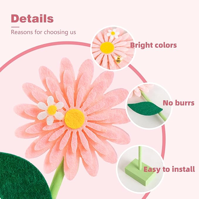 SUNBEAUTY 8PCS Daisy Felt Centerpieces for Tables Pink White Flower Birthday Party Daisy Birthday Decorations Spring Floral Table Centerpieces for Girl Birthday Baby Shower Garden Easter Party