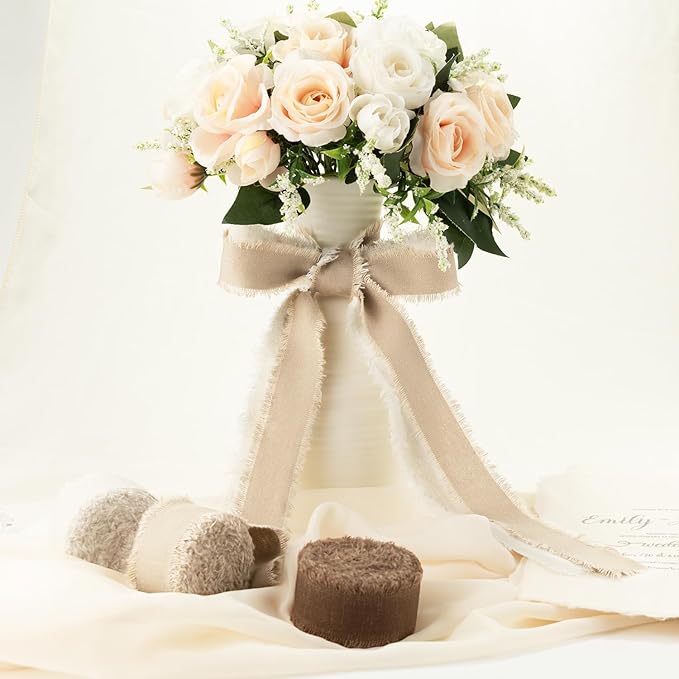 Brown Cotton Ribbon 1 Inch Chocolate Brown, Camel & Ivory 3 Rolls 21 Yards Frayed Edge Fabric Set for Rustic Wedding Decor, Boho Vintage Fall Decor, Thanksgiving, Gift Wrapping & DIY Crafts