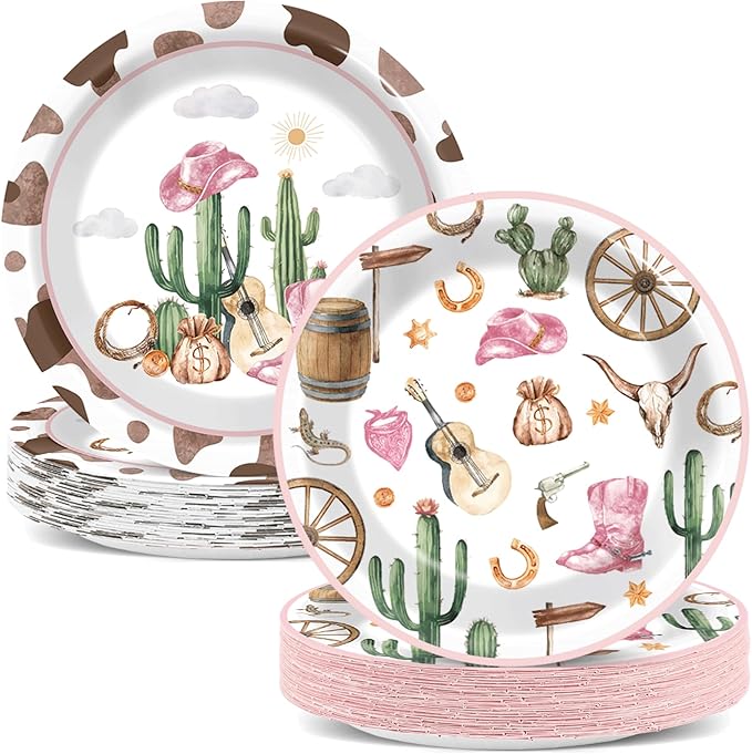Naozinebi 50pcs Western Cowgirl Party Paper Plates Cowgirl Party Decorations for Girls Pink Western Theme Dessert Plates Wild West Cow Print Tableware Decor for Baby Shower Rodeo Birthday Serves 50