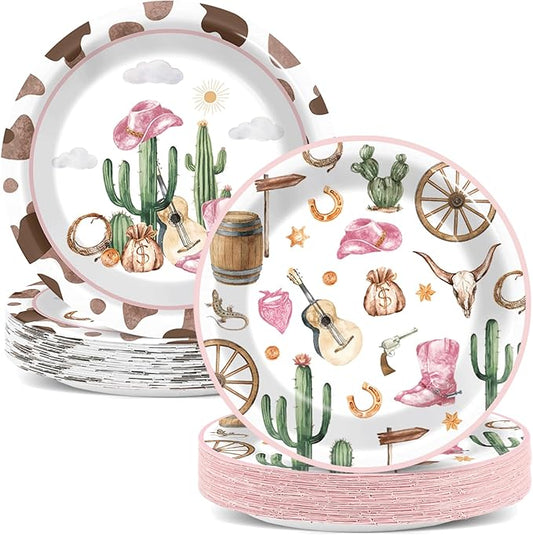 Naozinebi 50pcs Western Cowgirl Party Paper Plates Cowgirl Party Decorations for Girls Pink Western Theme Dessert Plates Wild West Cow Print Tableware Decor for Baby Shower Rodeo Birthday Serves 50