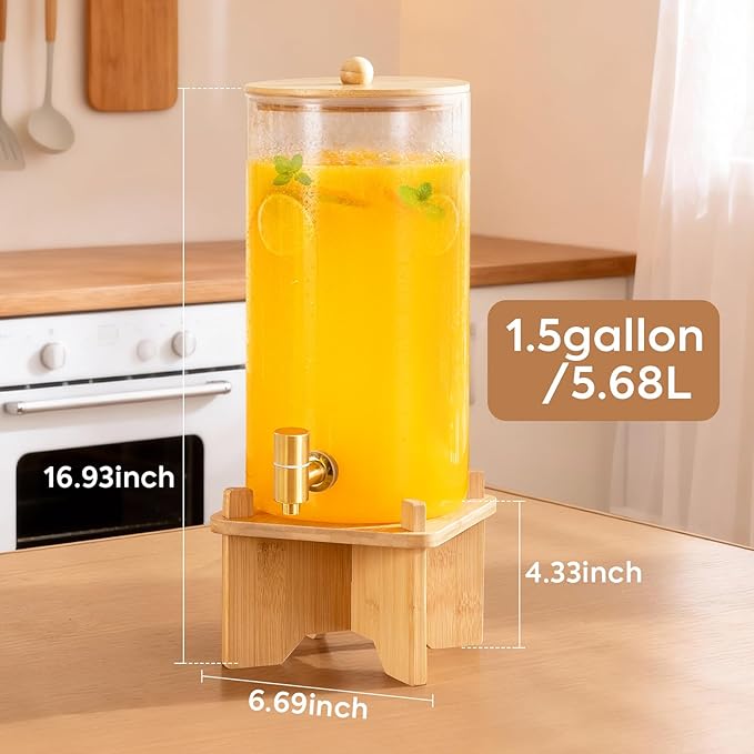 FavorFlavor Glass Drink Dispenser for Parties:2PCS 1.5 Gallon Large Beverage Dispenser with Stand,Water Lemonade Dispenser with Stainless Steel Spigot,Ideal for Dispensing Juice, Beverages, Sun Tea