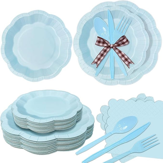 168 Pcs Pastel Blue Party Supplies Serves 24 Disposable Plates and Napkins with Full Plastic Utensils, Light Blue Tableware Set for Baby boy Shower, Birthday, Garden Events