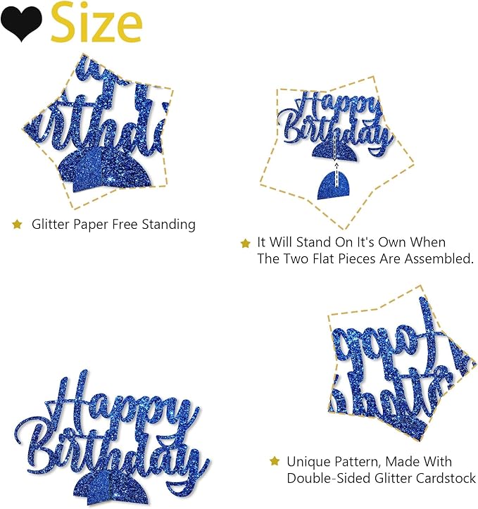Happy Birthday Table Centerpiece, Dark Blue Glitter Birthday Party Paper Free Standing for Women Men, HBD Script Table Centerpiece for Bday Party Supplies