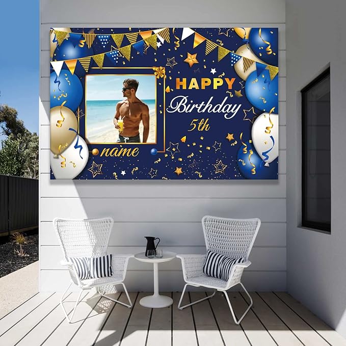 Custom Navy Blue and Gold Happy Birthday Sign Birthday Party Decorations Supplies Personalized Navy Blue Backdrop Banner (5x7.5ft)