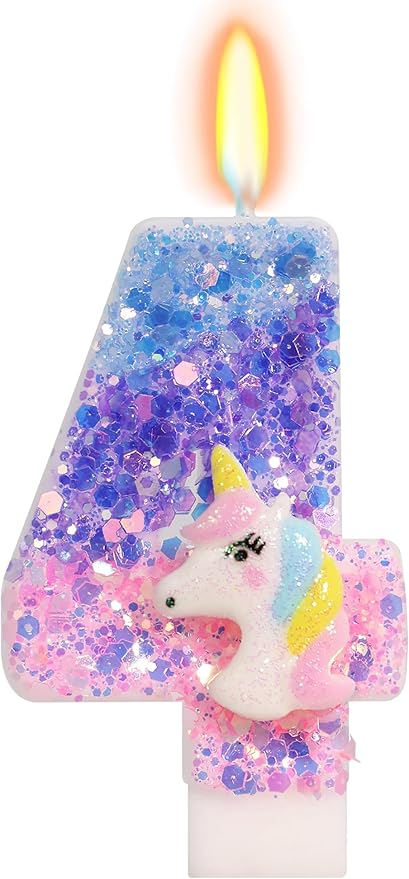 Unicorn Candle - Number 4 Candle, 4th Birthday Decorations for Girls, Colorful Sequins Birthday Candles for Cake, Cartoon Unicorn Theme Party Decorations