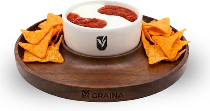 Premium Wooden Chip and Dip Serving Tray Set – Dark Walnut Large Serving Tray with Ceramic Dip Bowl & 2 Wooden Spoons – Chip and Dip Bowl Set for Chips, Snack & Entertaining | Appetizer Platter