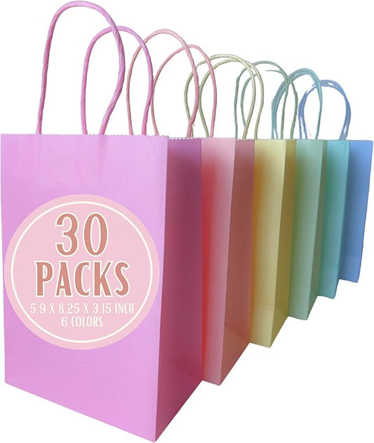 Bon et Beau Pastel Rainbow Paper Gift Bags 30 Packs - 6 Assorted Colors, 5.9 x 8.25 x 3.15 Inch Small Kraft Paper Party Favor Bags with Handles Perfect for Birthdays, Baby Showers, Weddings, and Holiday Parties