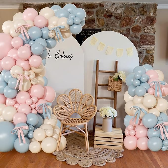 Gender Reveal Balloon Arch Kit, 141Pcs Pink Blue Sand White Balloons with Bows for Boy or Girl Gender Reveal Decorations Baby Shower Boho Bachelorette Birthday Party Supplies