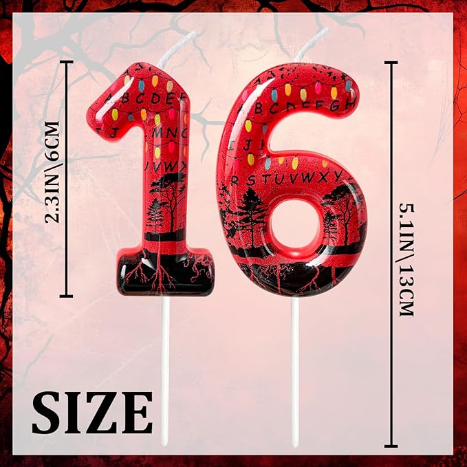 Red Number 16 Birthday Candle for Cake – Dark Horror Style with Alphabet Print & Shadow Design – Unique Cake Topper for Birthday, Anniversary, Themed Party Decoration