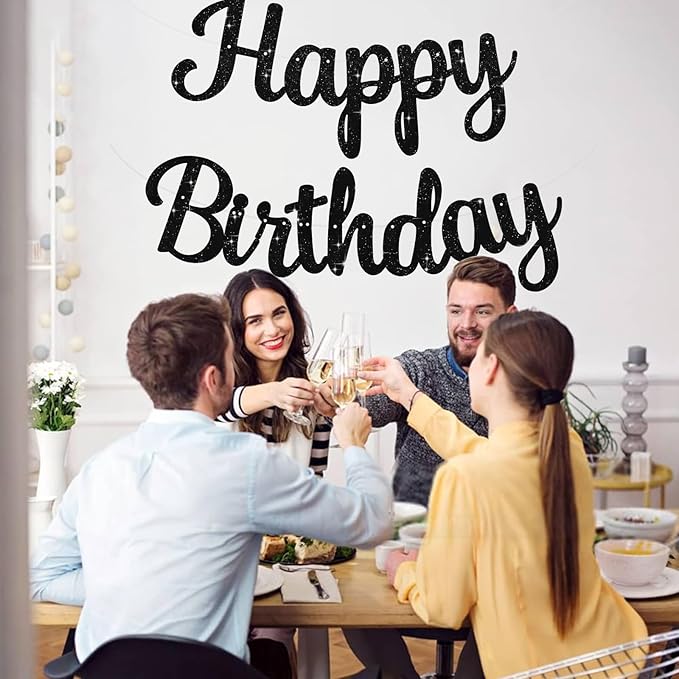 BEISHIDA Happy Birthday Banner - NO DIY,Black 10Feet Pre-Strung-Glitter Birthday Sign Garland Backdrop Decorations for Women men Party