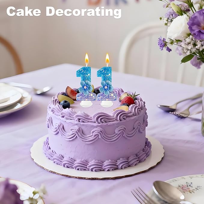 Blue Purple Flower Birthday Number Candles, Flower Theme Party Decorations, Cupcake Decorations, Suitable for Party Celebrations, Boys and Girls Birthday Decorations（11）