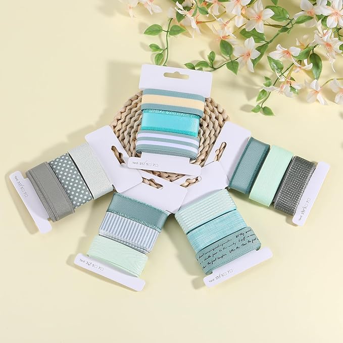 BEEFLYING 3 Styles Green Wire Edged Ribbons Wrapping Decoration 25~28mm×2.7m Spot Satin Ribbons for Wedding Party Decoration Hair Bows Flower Designs Sewing and Craft, 9 Yards
