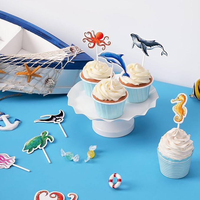 WERNNSAI 32 PCS Ocean Cupcake Toppers - Shark Birthday Party Decorations Under The Sea Cake Toppers Summer Dolphin Ocean Animal Cake Decors for Kids Ocean Baby Shower Party Supplies