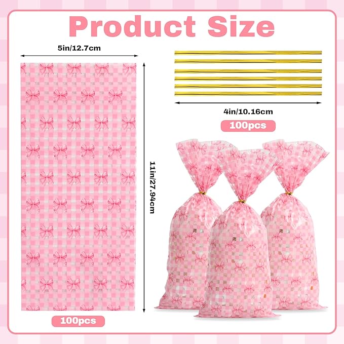Docvania Cello Cellophane Treat Gift Bags Pink bow Cookie Bags 100 pcs 5 X 11 Goodie Bag with Ties for Mother's Day, Valentine's Day and Parties, Weddings