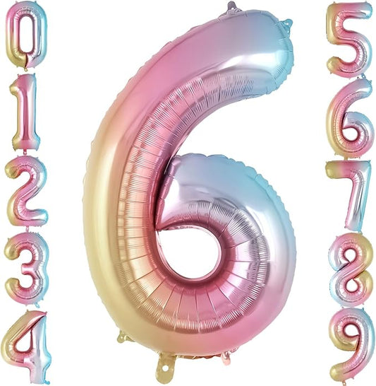 Rainbow Gradient Number 6 Balloon, 40 Inch Big Large Foil Number Balloons, Jumbo Mylar Number 6 Balloons for 6 Year Old Birthday Party Decorations Supplies Anniversary Celebration
