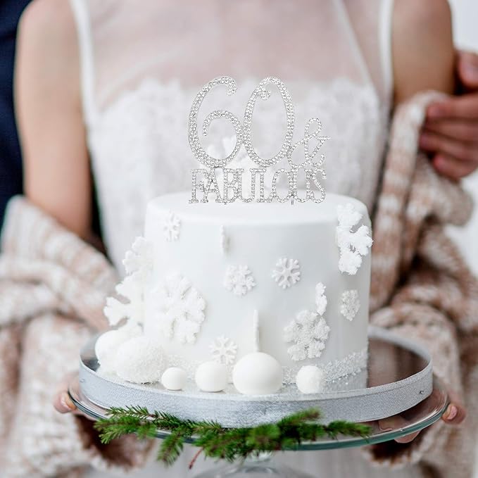 60 & Fabulous Cake Topper 60 Years Birthday Or 60th Wedding Anniversary Silver Crystal Rhinestone Party Decoration