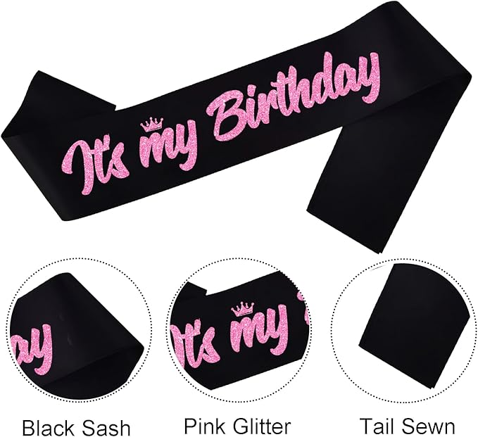 It's My Birthday Sash Black with Glitter Pink Letters Happy Birthday Sash for Women Girl Bday Gift Ideas Party Favors