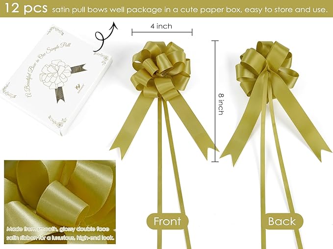 HUIHUANG Gold Christmas Bows for Gift Wrapping 12 PCS Gold Pull Bows 4" x 8" Satin Gift Bow for Presents, Gift Basket, Paper Bag, Wrapping Accessories, Wreaths, Wedding Christmas Decor