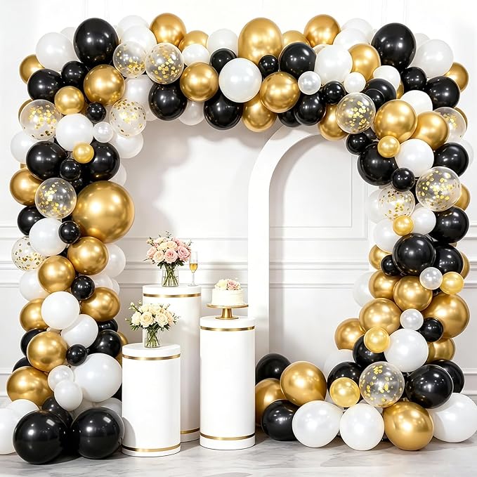 Whaline Black and Gold Balloons Garland Arch Kit 120Pcs 2026 Graduation Black White Metallic Gold Confetti Latex Balloons for New Year's Eve Wedding Anniversary Xmas Birthday Retirement Party Decor