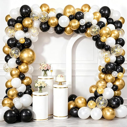 Whaline Black and Gold Balloons Garland Arch Kit 120Pcs 2026 Graduation Black White Metallic Gold Confetti Latex Balloons for New Year's Eve Wedding Anniversary Xmas Birthday Retirement Party Decor