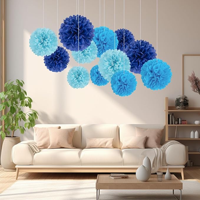 18 PCS Tissue Paper Pom Poms Flowers, Sizes 6", 10", 12", 14" Hanging Paper Flower Ball for Wedding, Birthday, Halloween, Christmas, Baby Shower Party Decor (Blue Royal Blue)