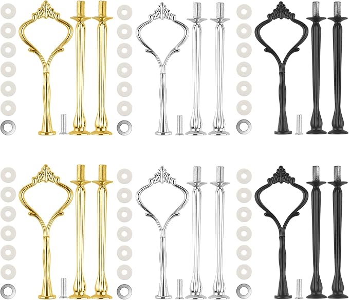 6 Set Large Tiered Tray Hardware for Cake Stand Mold Crown upgrade 3 Tier Cake Stand Fittings Hardware Holder for Party and Wedding Making Resin Dessert Platter Serving Stand (Gold&Silver&Black)
