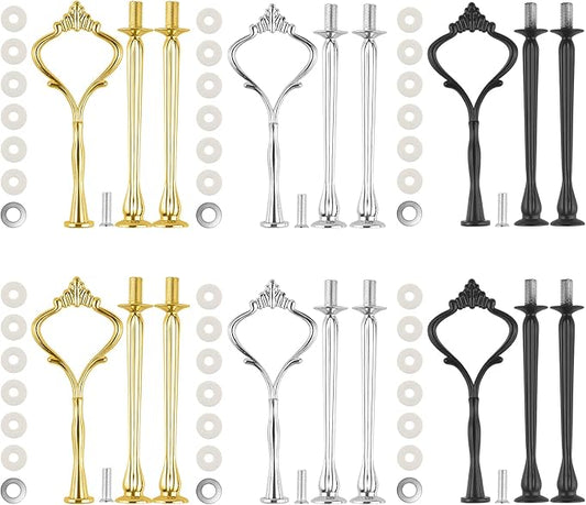 6 Set Large Tiered Tray Hardware for Cake Stand Mold Crown upgrade 3 Tier Cake Stand Fittings Hardware Holder for Party and Wedding Making Resin Dessert Platter Serving Stand (Gold&Silver&Black)