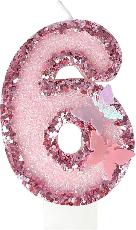6th Birthday Candles，Glitter Butterfly Cake Toppers Pink Sequins Wedding Numeral Cupcake Decorations，Suitable for Girl and boy Wedding Cakes, Party Celebrations, Birthday Decorations