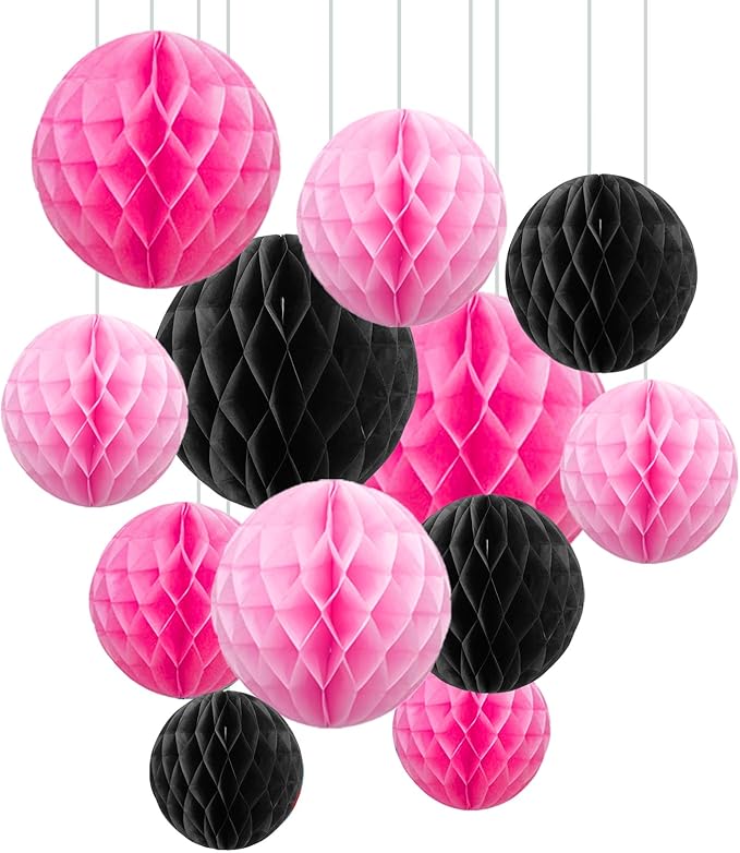 ZOOYOO 12Pcs 6" 10" Honeycomb Balls Decorations Hanging Tissue Paper Pom Poms for Girls Birthday Party Halloween Wedding Decorations(Pink Black)