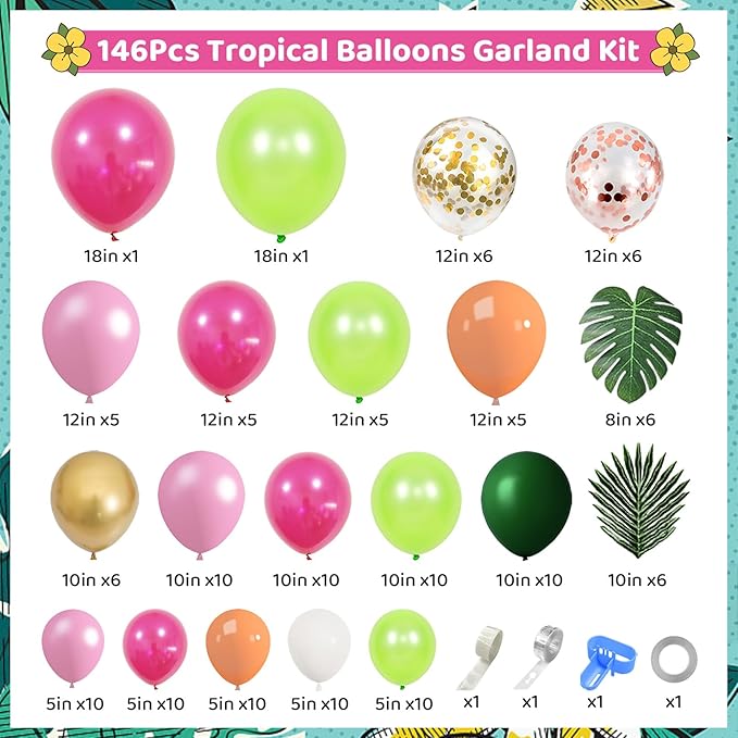 146Pcs Tropical Balloons Garland Arch Kit, Hawaiian Luau Tropical Aloha Flamingo Party Decorations Hot Pink Fruit Green Rose Gold Confetti Balloons Palm Leaves Birthday Baby Shower Wedding Supplies