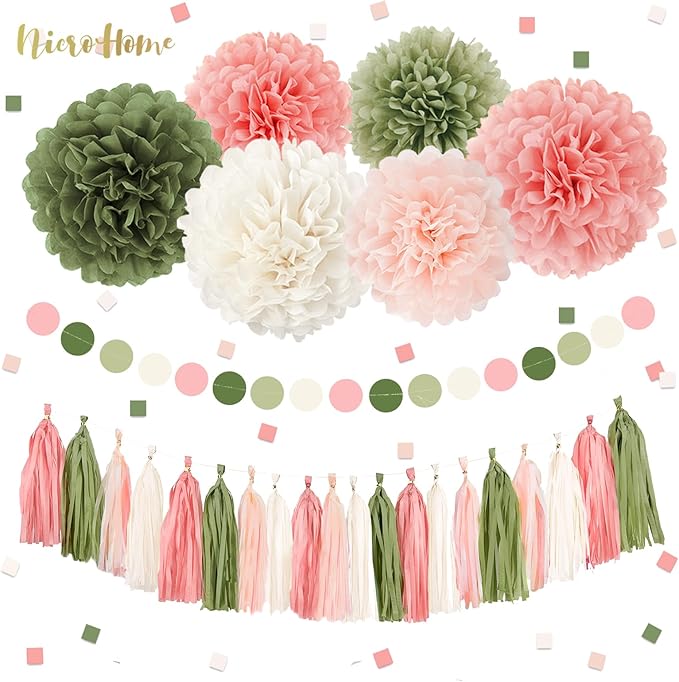 Wedding Party Decorations, 27 PCS Pink Sage Green Tissue Paper Pom Poms, Circle Dots Garland Paper Tassels Hanging Decor for Baby Shower Bridal Shower Engagement Birthday Party Supplies