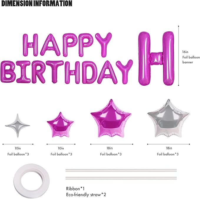 CANREVEL Happy Birthday Banner 13pcs 16 Inch Mylar Foil Letters with 12pcs Star Balloons Birthday Party Decorations for Kids and Adults - 3D Hot Pink