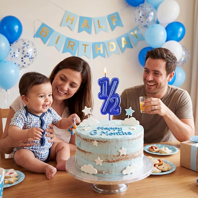 BBTO Half Birthday Candle 1/2 Year Old Cake Topper for Baby's Half Year Old Birthday Anniversary Celebration Party Decorations(Blue)