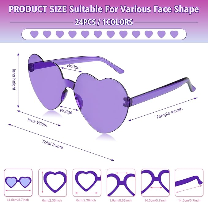 NACHLYNN 24 Pairs Purple Heart Sunglasses for Women Rimless Heart Shaped Sunglasses Candy Glasses for Party Favors