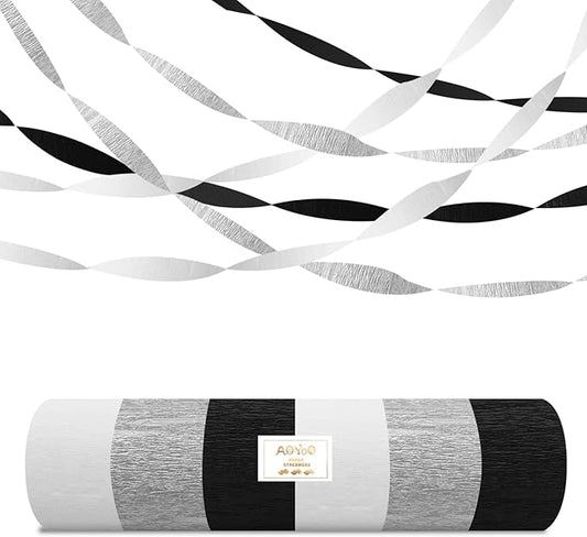 Black Silver White Crepe Paper Streamers - 6 Rolls Party Streamer Decorations for Graduation 2026, New Year's Eve, Birthday, Wedding, Retirement Party Supplies - Silver & Black Hanging Backdrop Decor
