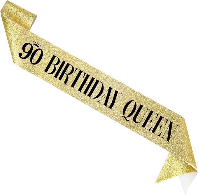 90 Birthday Queen 90th Birthday Sash for Women, Gold Glitter Sash with Black Foil