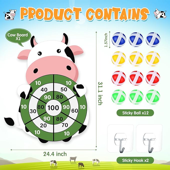 HyDren Cow Dart Party Game Farm Dart Party Favors 31x24 Cow Dart Board with 12 Sticky Balls Toys Farm Game Party Decorations Animal Birthday Party Gift for Indoor Outdoor Game