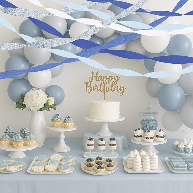 Dusty Blue Silver White Crepe Paper Streamers Baby Boy Shower Bachelorette Party Decorations(5 Rolls)- Light Baby Blue, Royal Blue Paper Crafts for Birthday Boy, Wedding,Blue White Theme Hanging Décor