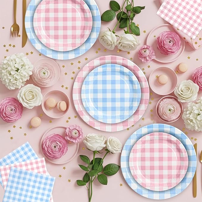 180Pcs Pink and Blue Gingham Party Supplies Paper Plates and Napkins Serve 60 Disposable Tableware Set for Shower Birthday Party Decorations Game Day Family Holiday