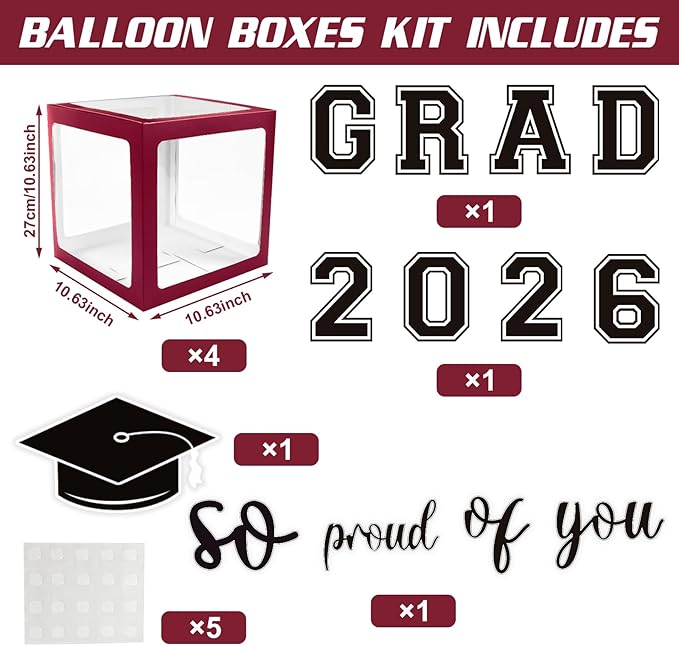 2026 Graduation Decorations - Maroon Balloon Boxes with Letters 2026 Grad & So Proud of You and Maroon Black White Print Balloons, Graduation Party Decorations Class of 2026 for Any Grades