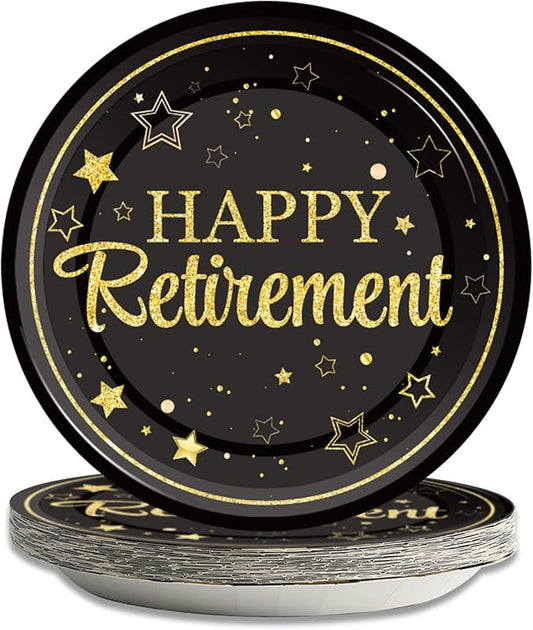 Wiooffen 48 Pcs Retirement Paper Plates Happy Retirement Party Supplies Decorations Disposable Dessert Plates Decorations Black and Gold Retired Plates Graduations Tableware for Men Women