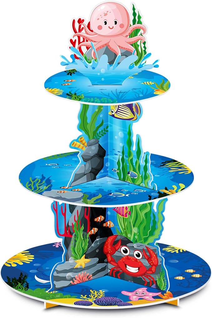 Under The Sea 3 Tier Ocean Cupcake Stand - First Birthday Decorations for Boy - Shark & Mermaid Party Supplies