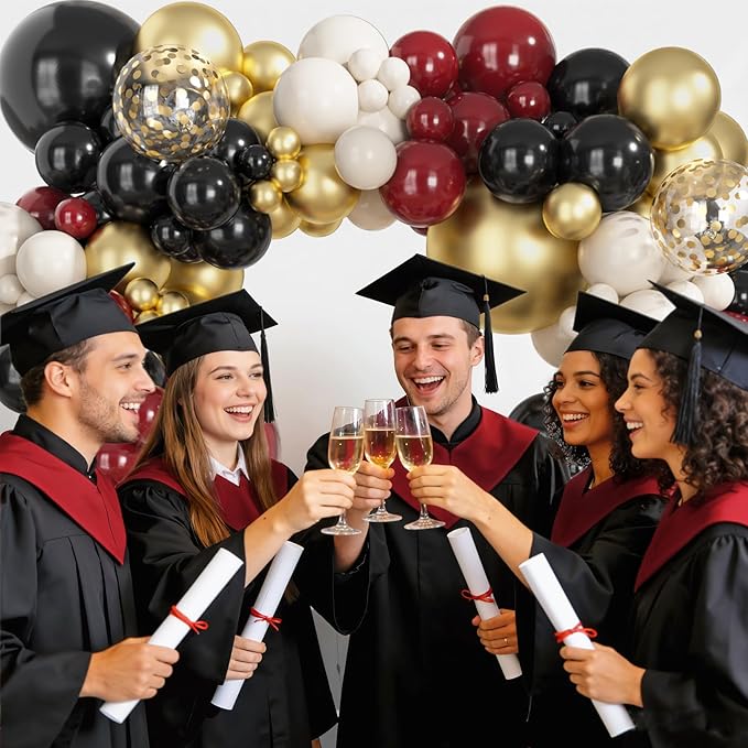 Ouddy Party 149Pcs Burgundy and Gold Balloon Garland Kit Different Sizes 18 12 10 5Inch, 6Pcs 18” Metallic Black Gold Confetti for Graduation Balloons Class of 2026 Decorations Birthday Party Decor