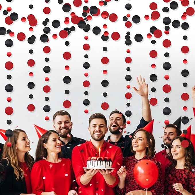 Outus 5 Pieces Black,Red Round Dots Garland Graduation Party Hanging Decor Each Length 13.1ft Glitter Paper Dot Streamers for Birthday Wedding Classroom Supplies