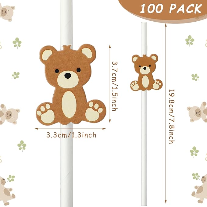 100 Pcs Bear Paper Straws Little Cutie Snowflake Disposable Drinking Paper Straws for Little Cutie Baby Shower Decorations Supplies Birthday Party Decorations, 0.24 x 7.76 Inch(Bear)