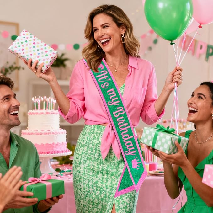 Pink Green Birthday Sash for Women, Hapdoo Witch Themed “It's my Birthday ” Sash with Glitter Foil for Girl, Happy Funny Decorations Accessories for Women Party Favors Supplies