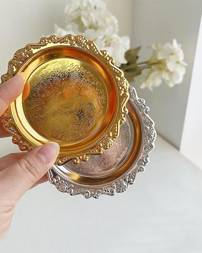 Round Decorative Tray 3.9in Metal Dessert Plates Vintage Coffee Table Tray for Snacks Fruit Silver